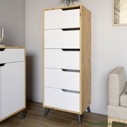Комод високий з чорними ніжками 5 ящиків М-ЗОН Борн 500 Дуб Артизан/Німфея Альба (білий)