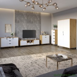 Комплект меблів для вітальні 5 предметів з чорними ніжками М-ЗОН Борн Дуб Артизан/Німфея Альба (білий)