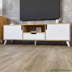 Тумба під телевізор з білими ніжками М-ЗОН Борн 1600 Дуб Артизан/Німфея Альба (білий)