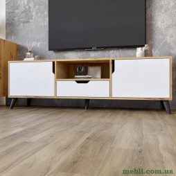 Тумба під телевізор з чорними ніжками М-ЗОН Борн 1600 Дуб Артизан/Німфея Альба (білий)