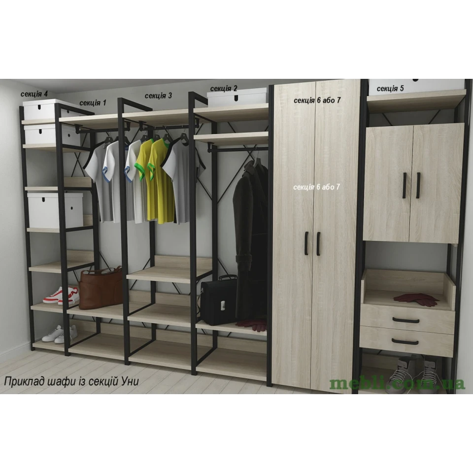 Шафа Гардероб Уні секція 4 серії Конект Ferrum-decor 220x40x50см Чорний метал ДСП Дуб Сонома 32 мм