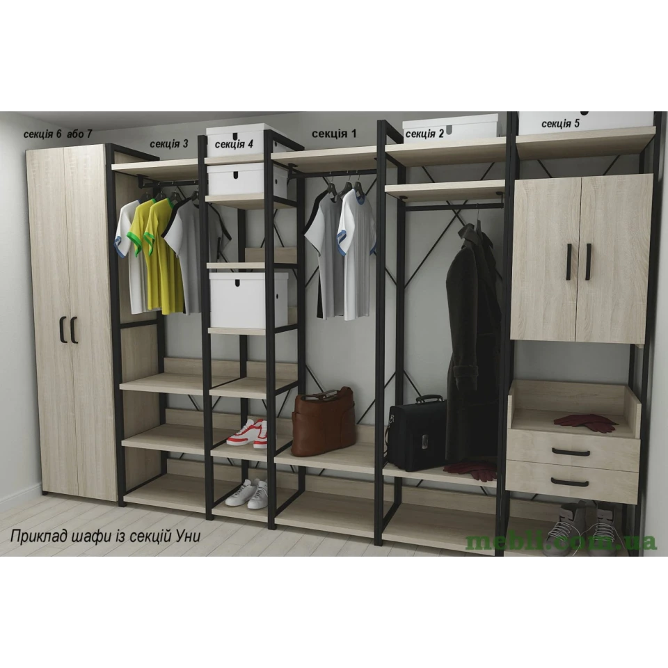 Шафа Гардероб Уні секція 7 серії Конект Ferrum-decor 220x60x50см Чорний метал ДСП Дуб Сонома