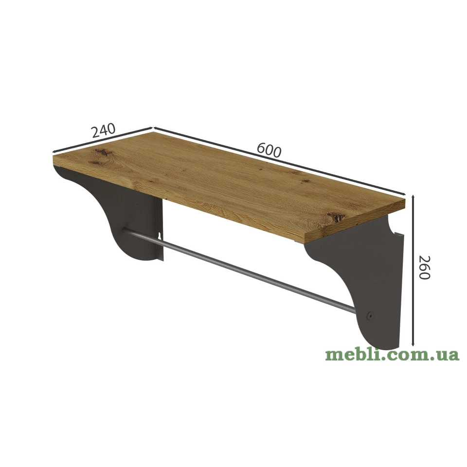 Полиця настінна Ferrum-decor Комфі 260x600x240 метал Сірий ДСП Дуб Артізан