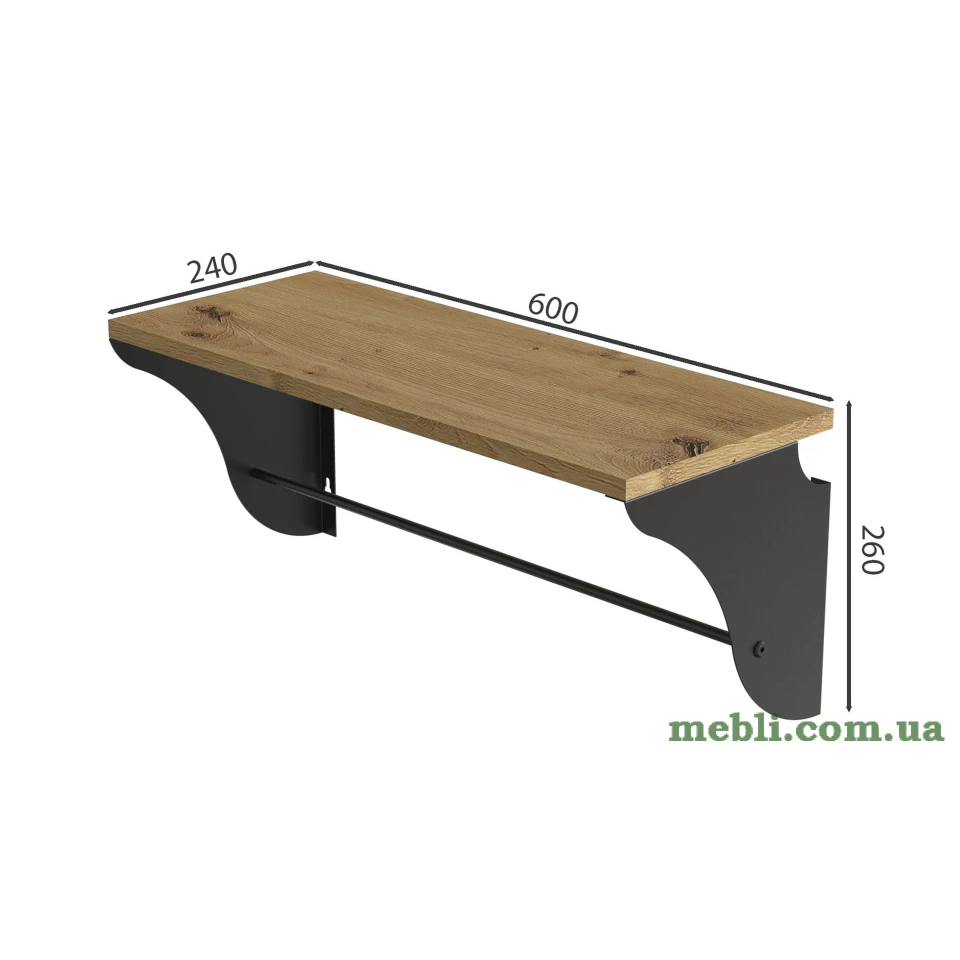 Полиця настінна Ferrum-decor Комфі 260x600x240 метал Чорний ДСП Дуб Артізан