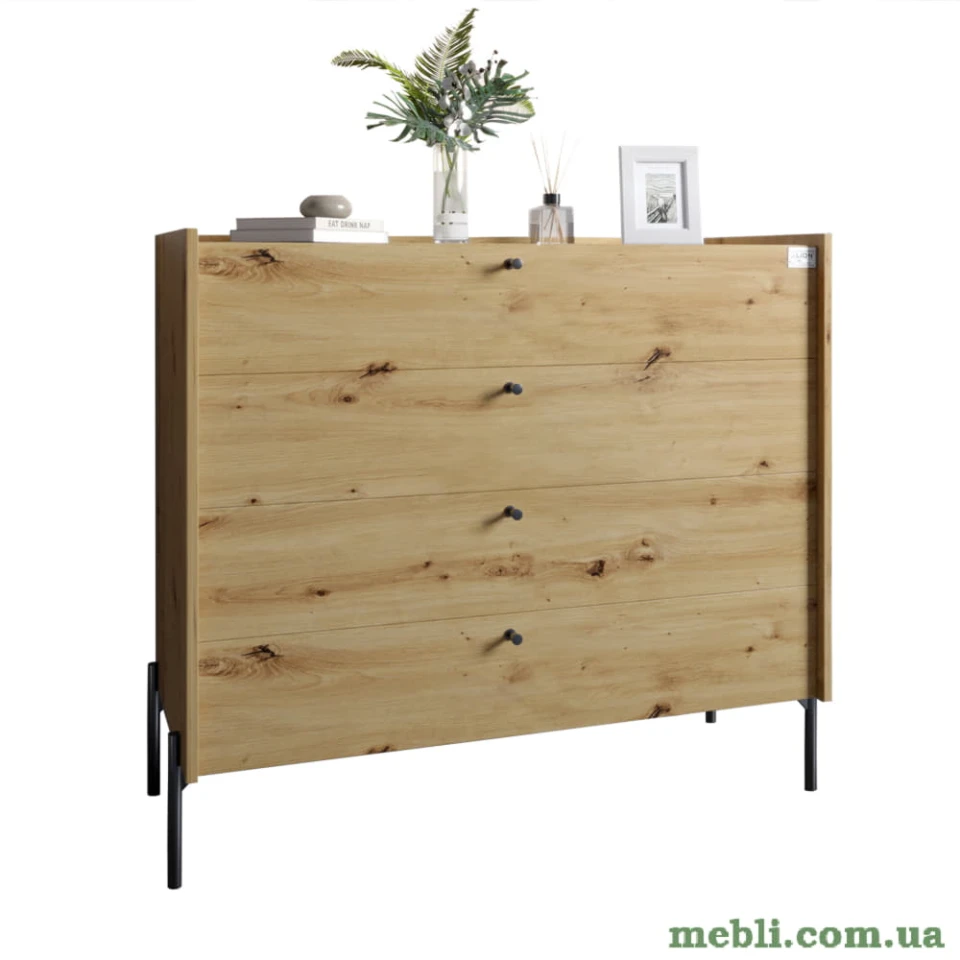 Комод із 4 шухлядами LION Wood із чорними ніжками 100х90х45 Дуб Артизан