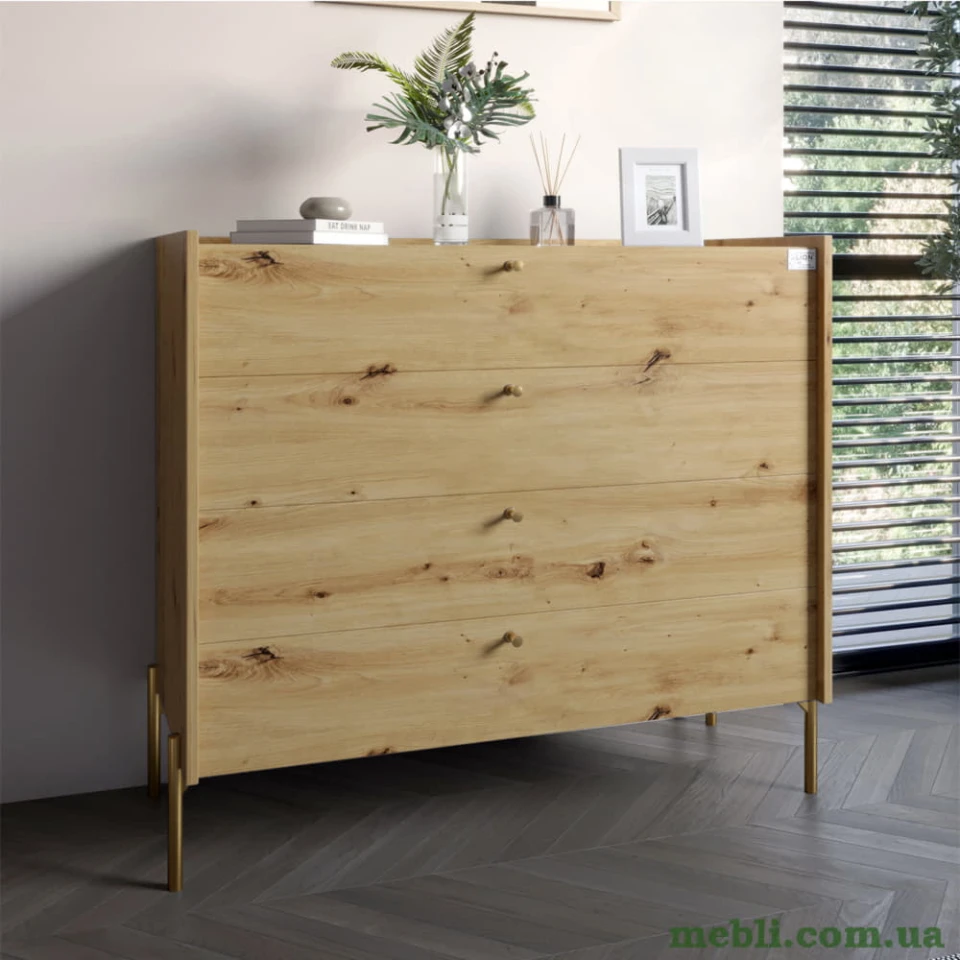 Комод із 4 шухлядами LION Wood із золотими ніжками 100х90х45 Дуб Артизан