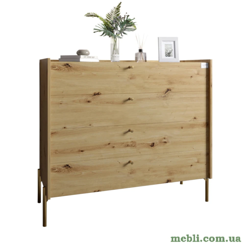 Комод із 4 шухлядами LION Wood із золотими ніжками 100х90х45 Дуб Артизан