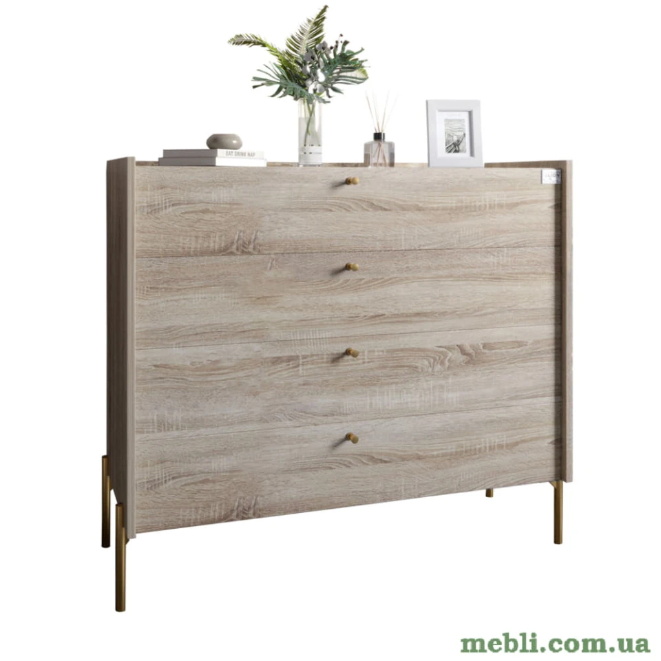 Комод із 4 шухлядами LION Wood із золотими ніжками 100х90х45 Дуб Сонома