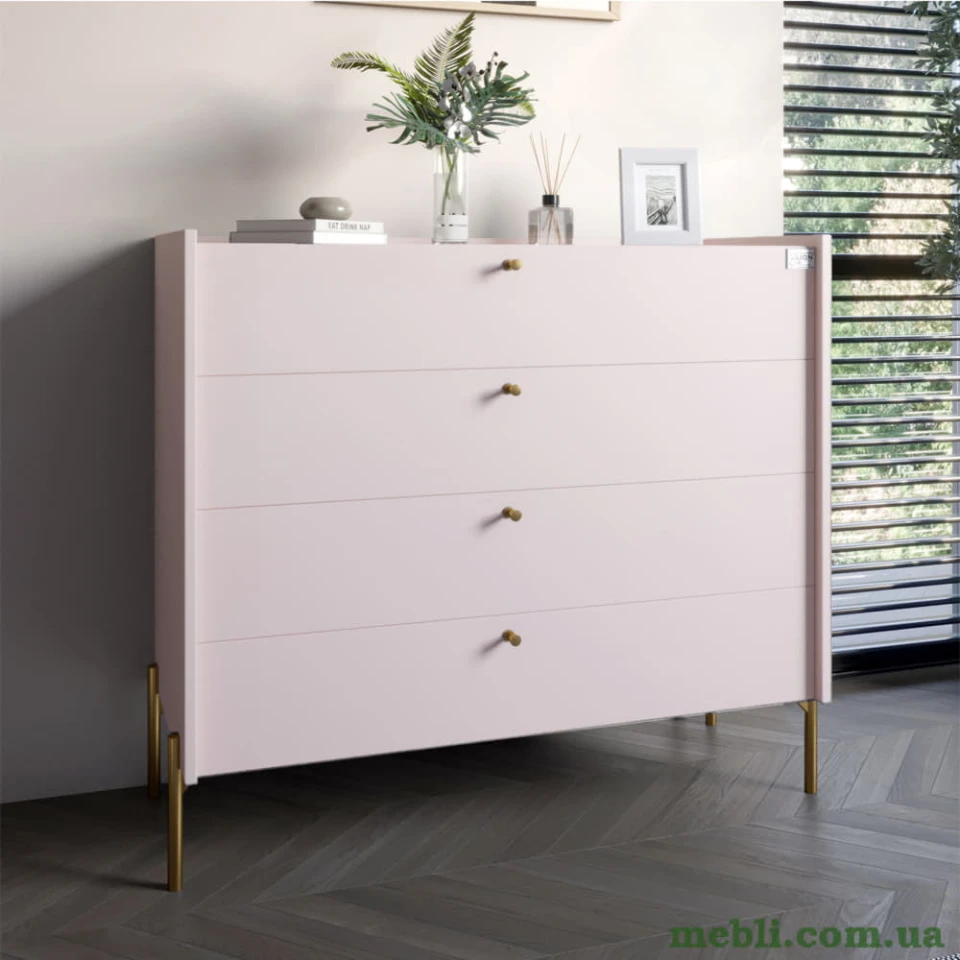 Комод із 4 шухлядами LION Wood із золотими ніжками 100х90х45 Рожевий