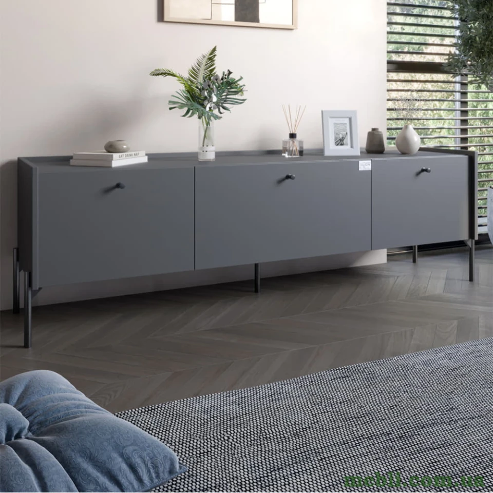 Тумба під телевізор на 3 шухляди LION Wood з чорними ніжками 160х65х40 Антрацит