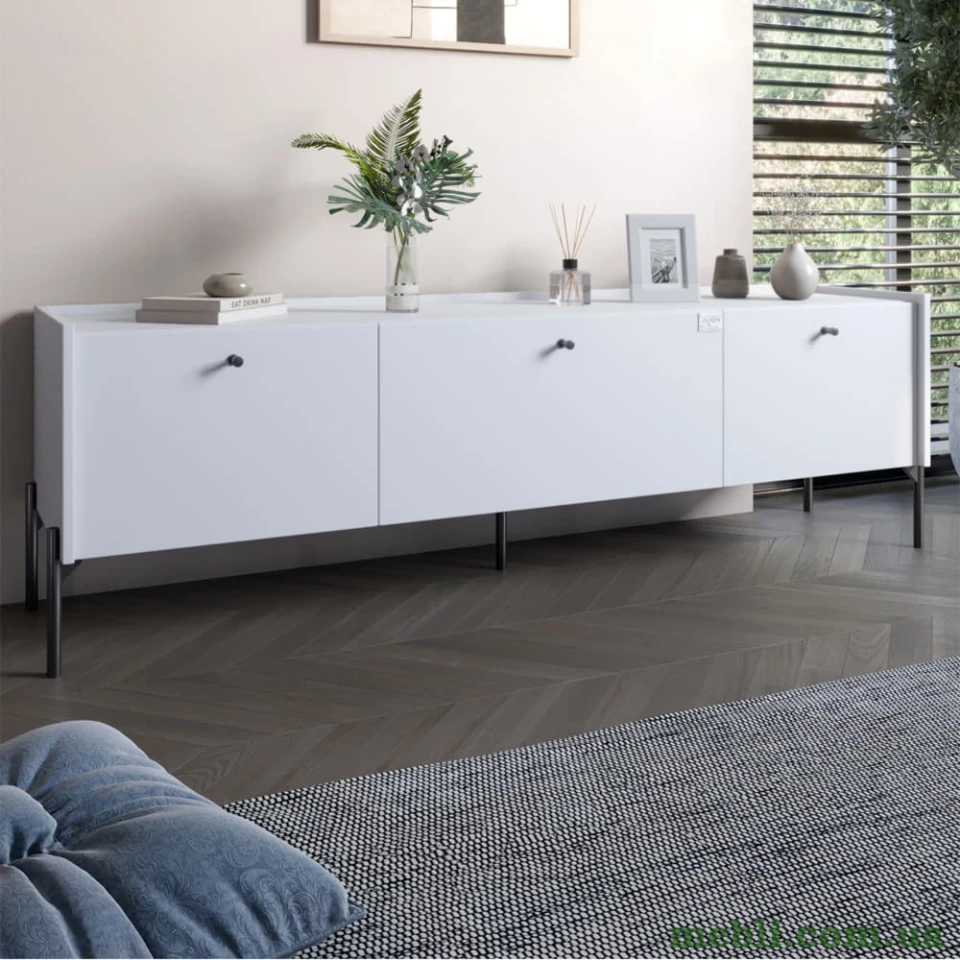 Тумба під телевізор на 3 шухляди LION Wood з чорними ніжками 160х65х40 Німфея Альба (білий)