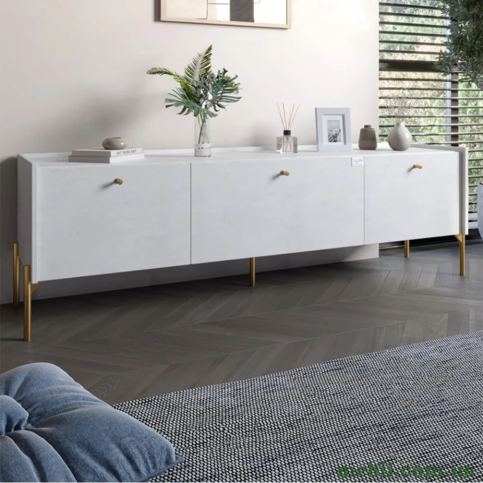 Тумба під телевізор на 3 шухляди LION Wood з золотими ніжками 160х65х40 Бетон sТyle