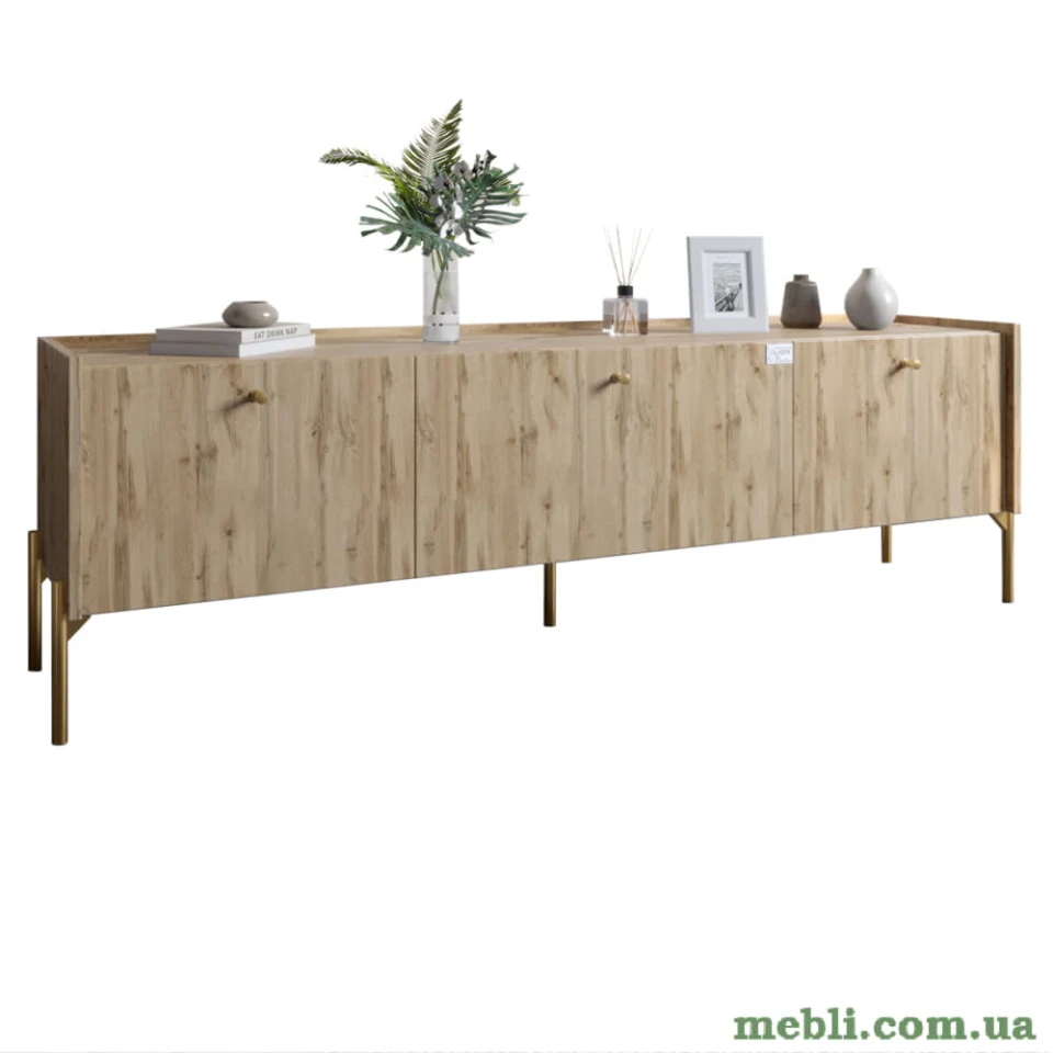 Тумба під телевізор на 3 шухляди LION Wood з золотими ніжками 160х65х40 Дуб Аппалачі
