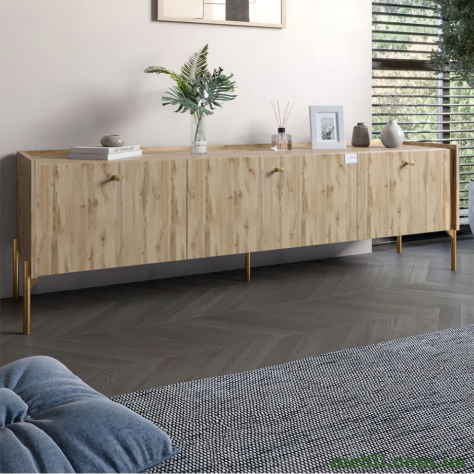 Тумба під телевізор на 3 шухляди LION Wood з золотими ніжками 160х65х40 Дуб Аппалачі