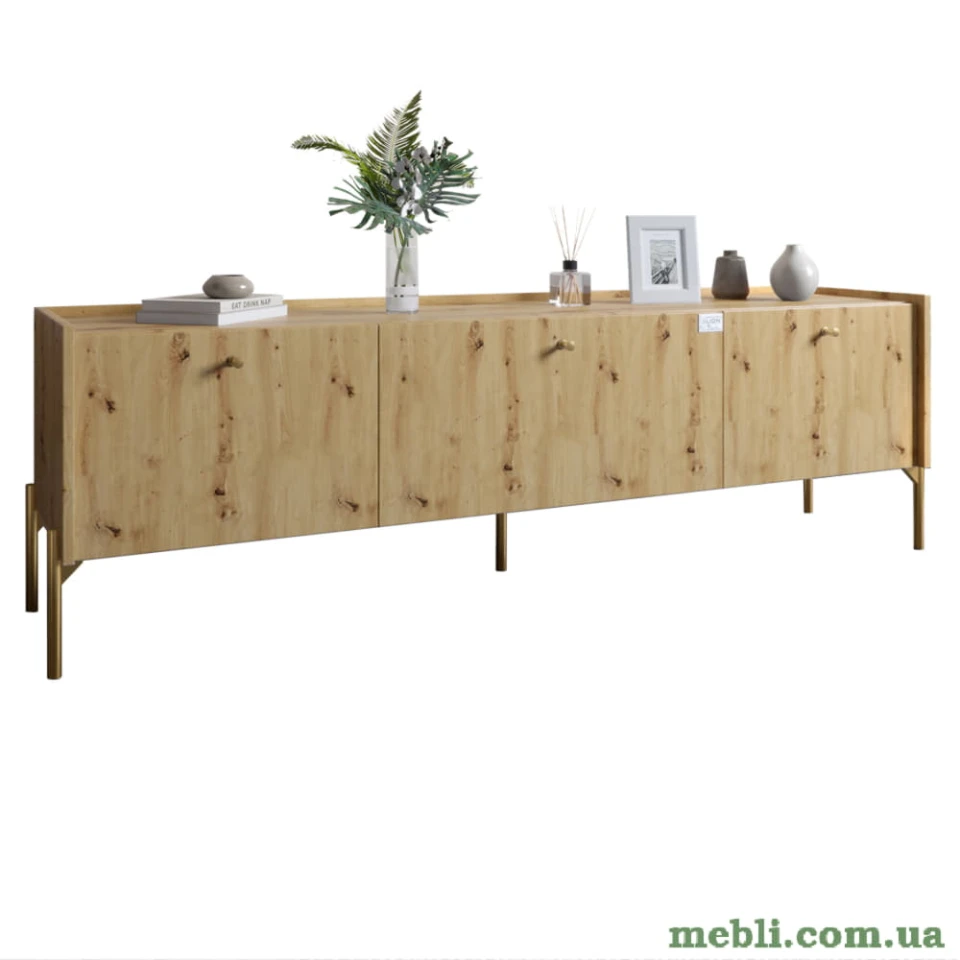 Тумба під телевізор на 3 шухляди LION Wood з золотими ніжками 160х65х40 Дуб Артизан