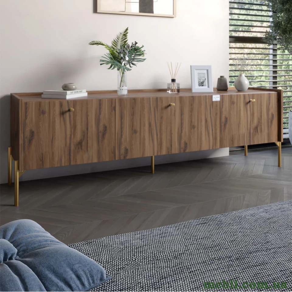 Тумба під телевізор на 3 шухляди LION Wood з золотими ніжками 160х65х40 Дуб Ліворно