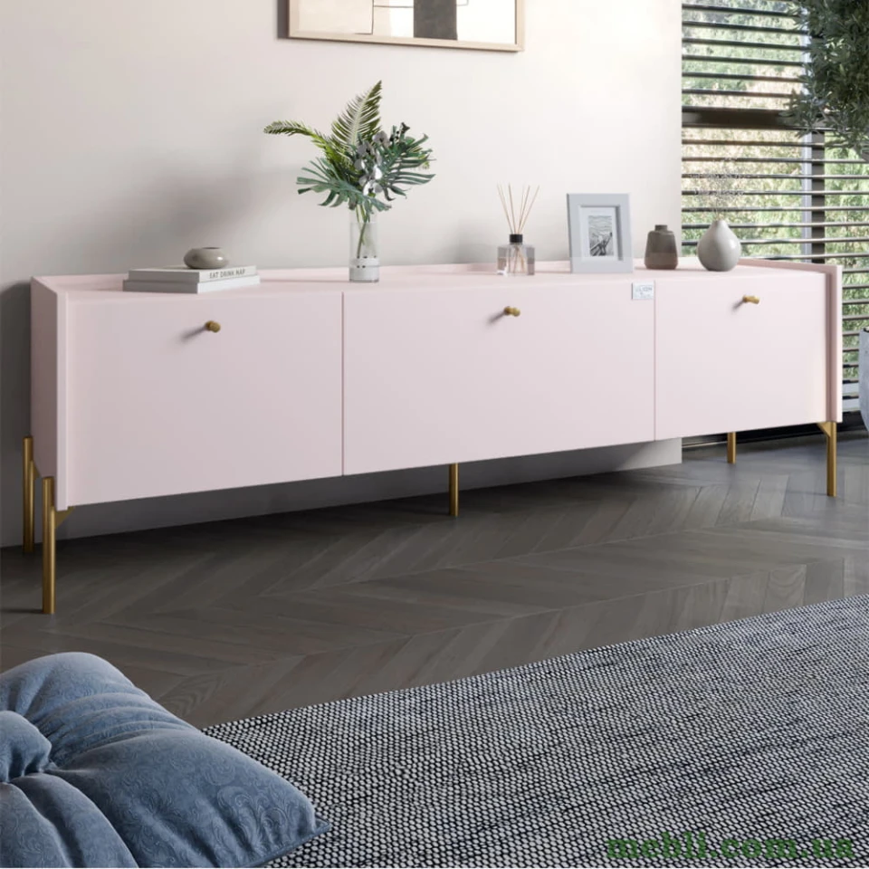 Тумба під телевізор на 3 шухляди LION Wood з золотими ніжками 160х65х40 Рожевий