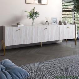 Тумба під телевізор на 3 шухляди LION Wood з золотими ніжками 160х65х40 Самоа Димчастий