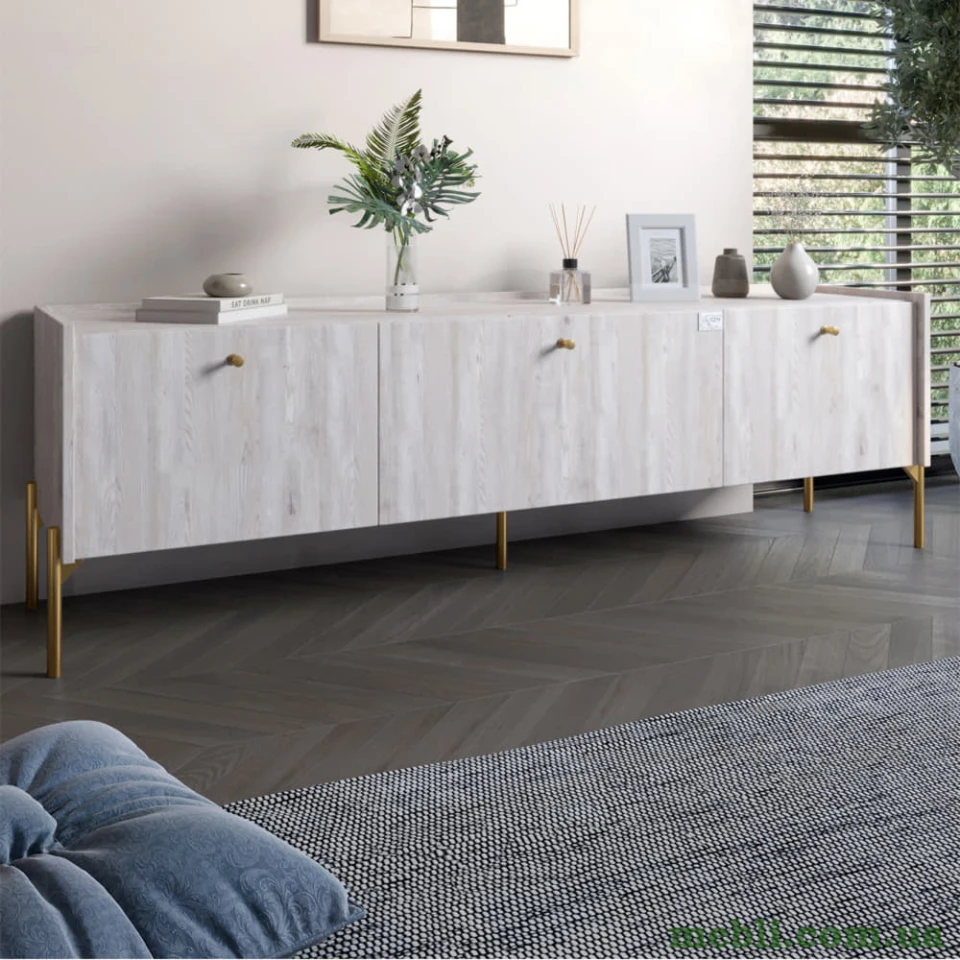Тумба під телевізор на 3 шухляди LION Wood з золотими ніжками 160х65х40 Самоа Димчастий