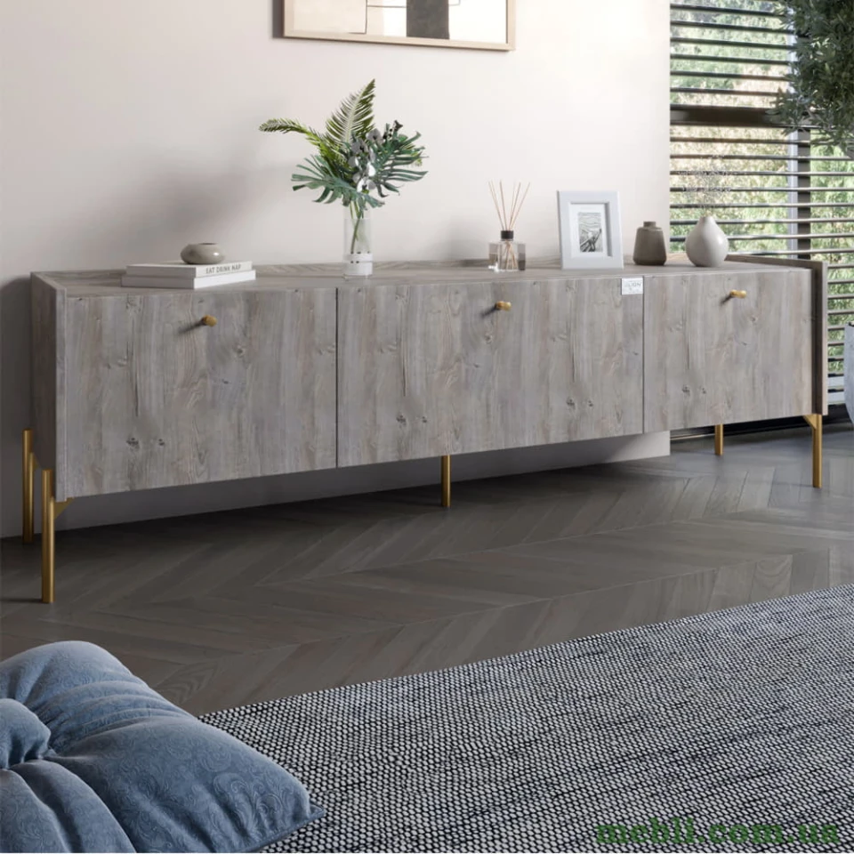Тумба під телевізор на 3 шухляди LION Wood з золотими ніжками 160х65х40 Шварцвальд