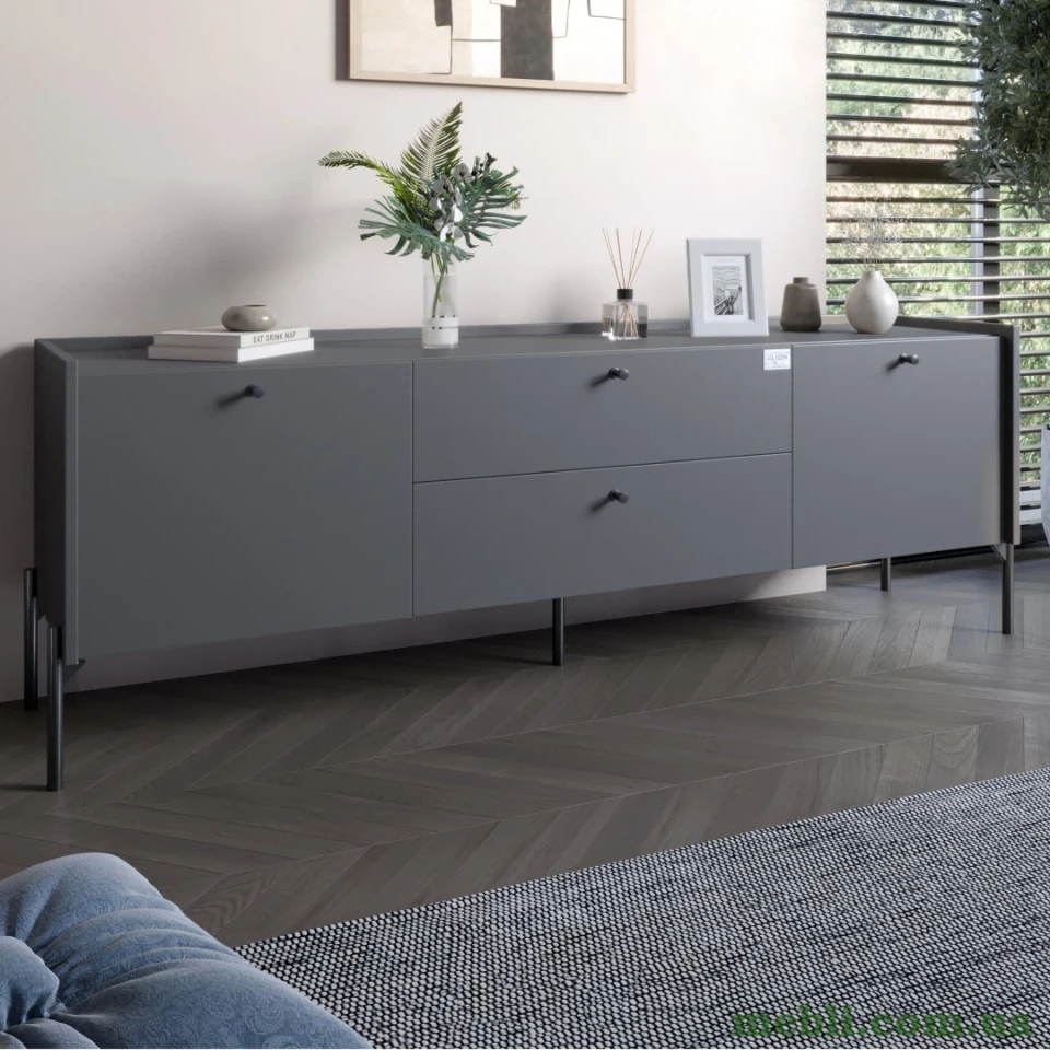 Тумба під телевізор з шухлядами LION Wood з чорними ніжками 180х50х40 Антрацит