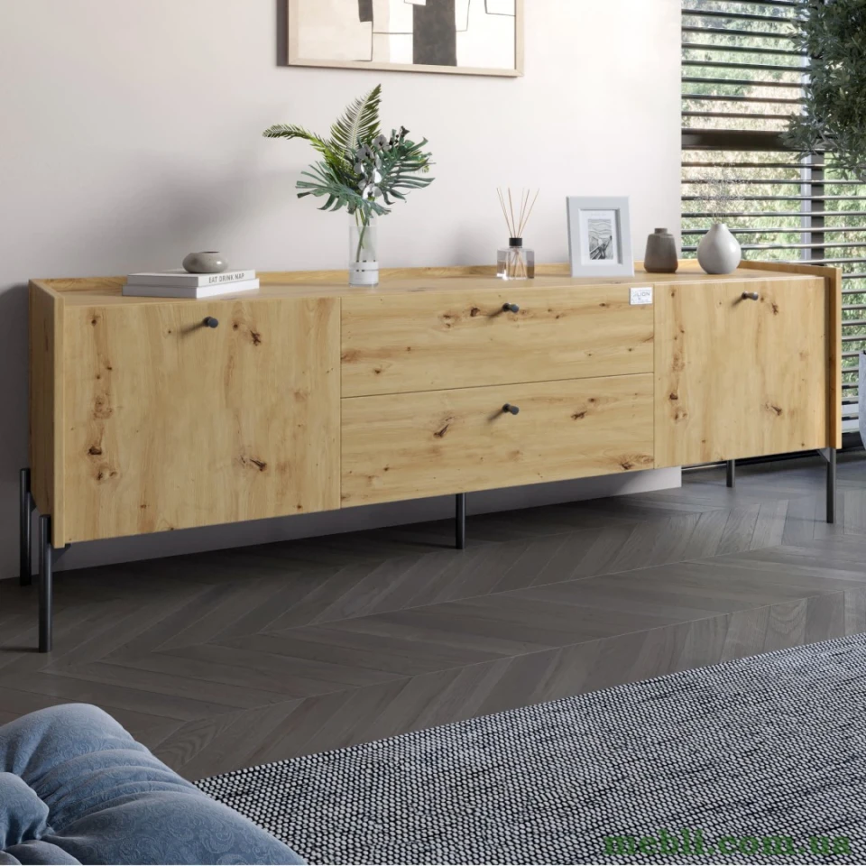 Тумба під телевізор з шухлядами LION Wood з чорними ніжками 180х50х40 Дуб Артизан