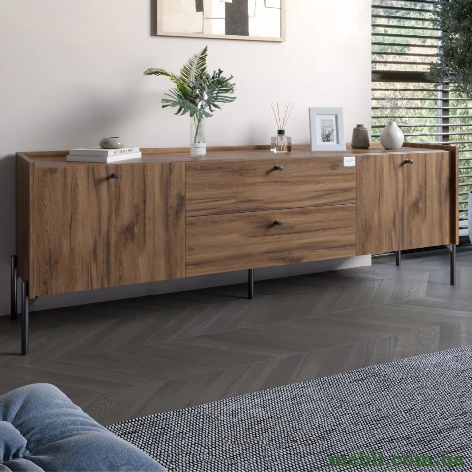 Тумба під телевізор з шухлядами LION Wood з чорними ніжками 180х50х40 Дуб Ліворно