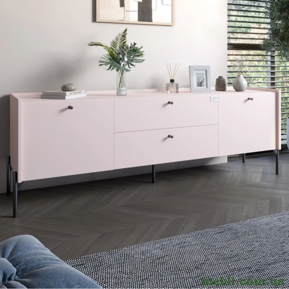 Тумба під телевізор з шухлядами LION Wood з чорними ніжками 180х50х40 Рожевий