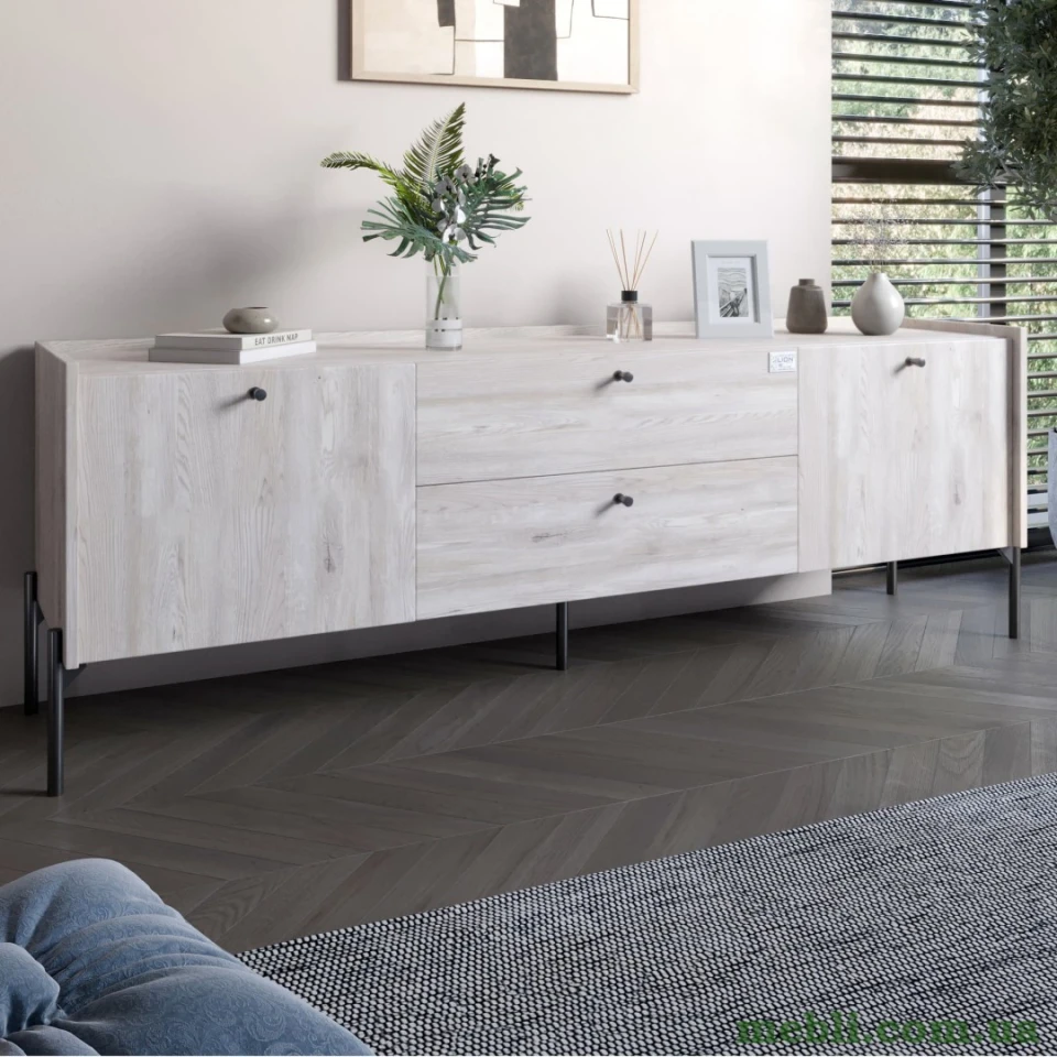 Тумба під телевізор з шухлядами LION Wood з чорними ніжками 180х50х40 Самоа Димчастий