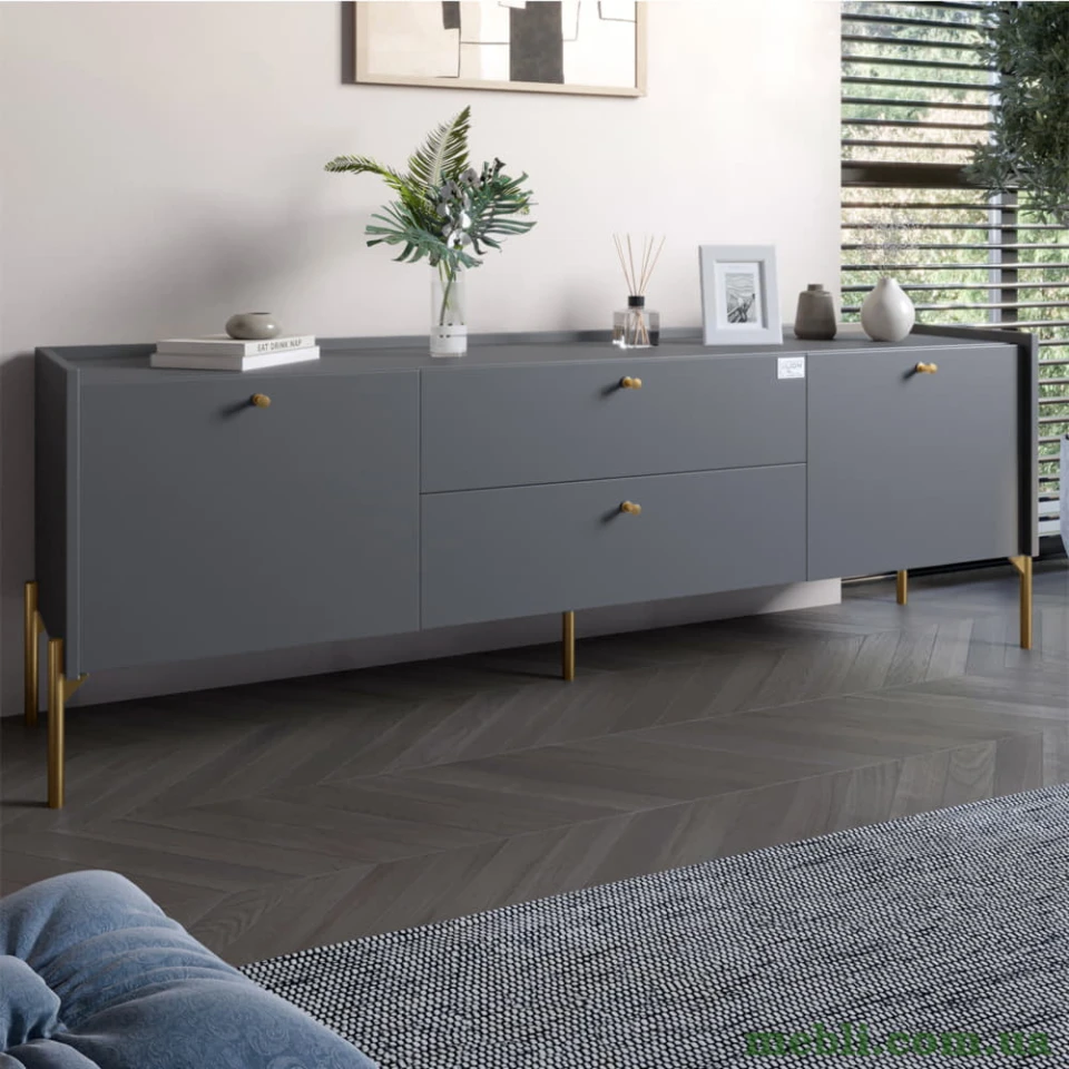 Тумба під телевізор з шухлядами LION Wood з золотими ніжками 180х50х40 Антрацит