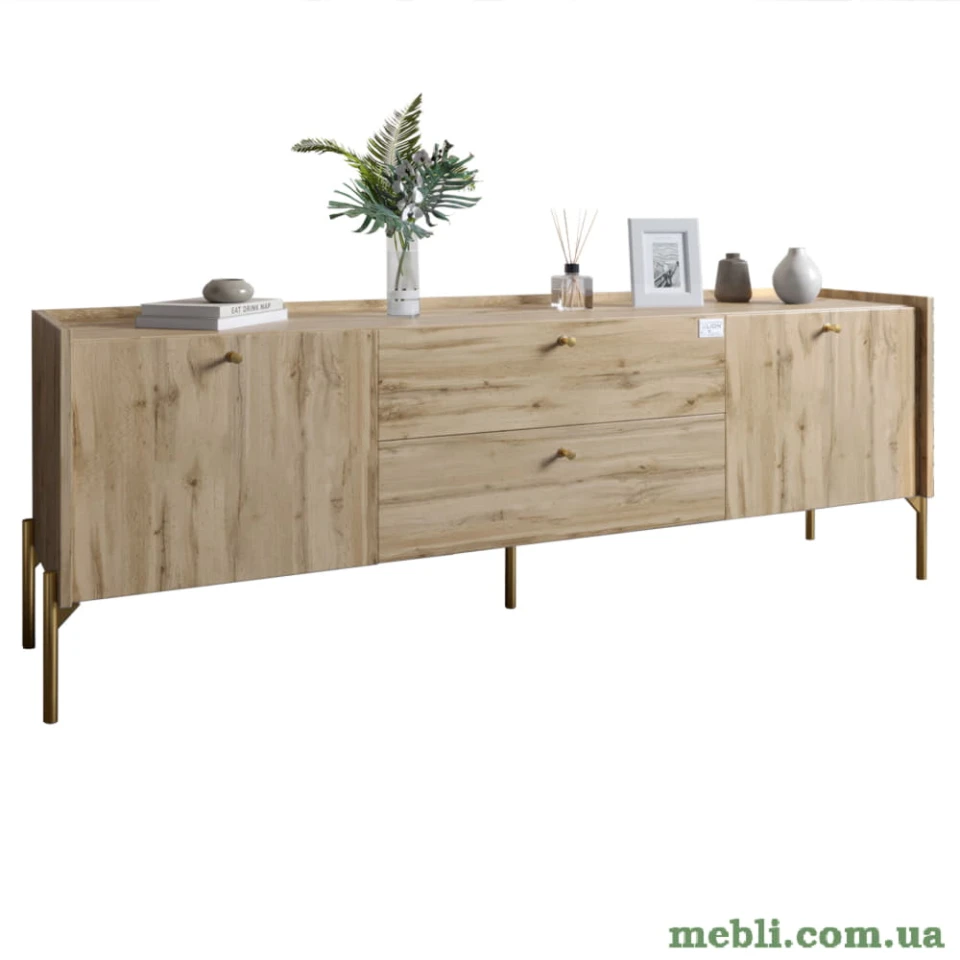 Тумба під телевізор з шухлядами LION Wood з золотими ніжками 180х50х40 Дуб Аппалачі