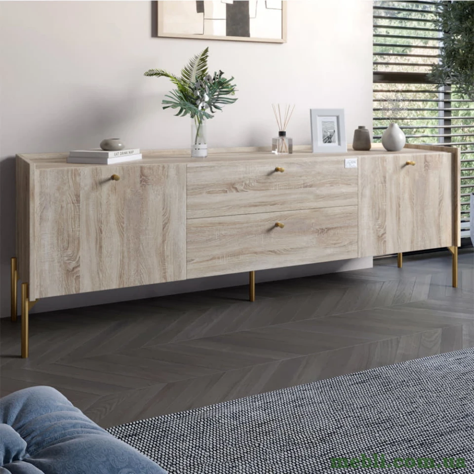 Тумба під телевізор з шухлядами LION Wood з золотими ніжками 180х50х40 Дуб Сонома