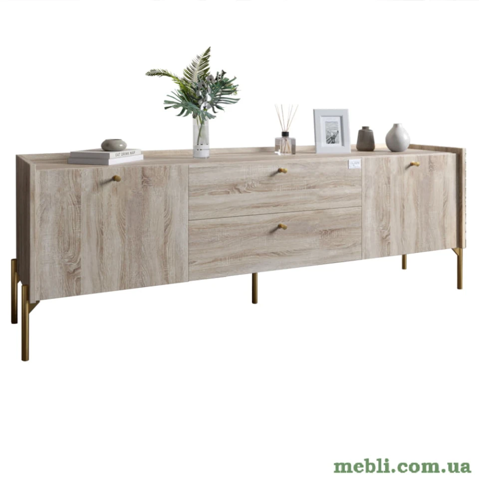 Тумба під телевізор з шухлядами LION Wood з золотими ніжками 180х50х40 Дуб Сонома