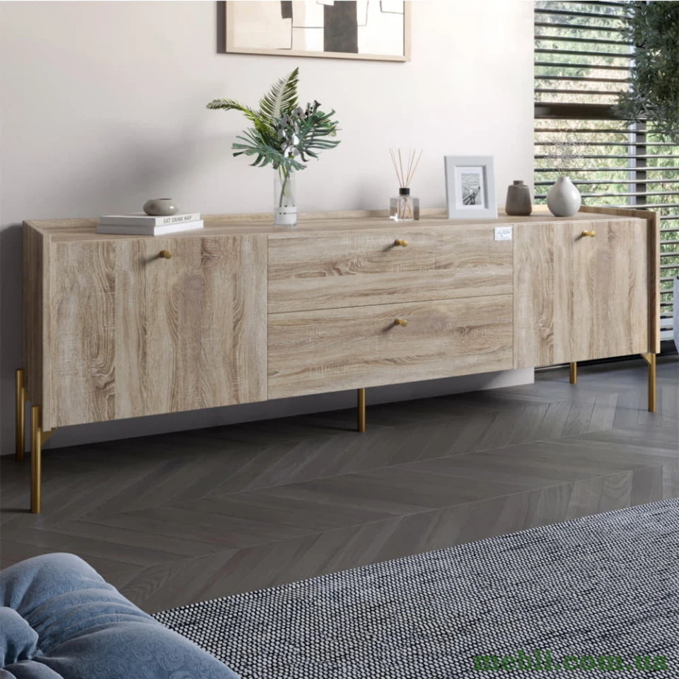 Тумба під телевізор з шухлядами LION Wood з золотими ніжками 180х50х40 Дуб Сонома Трюфель