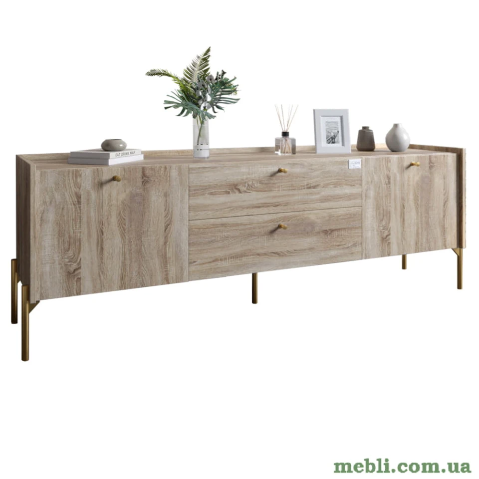 Тумба під телевізор з шухлядами LION Wood з золотими ніжками 180х50х40 Дуб Сонома Трюфель