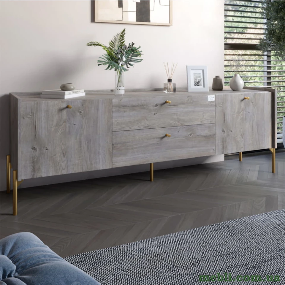Тумба під телевізор з шухлядами LION Wood з золотими ніжками 180х50х40 Шварцвальд