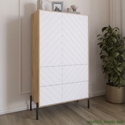 Комод-пенал з рельєфним оздобленням фасаду та чорними металевими ніжками LION Амарант 84x40x150 Дуб Аппалачі/Білий