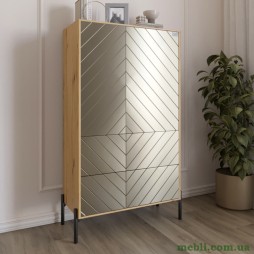 Комод-пенал з рельєфним оздобленням фасаду та чорними металевими ніжками LION Амарант 84x40x150 Дуб Артизан/Перламутровий металік