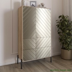 Комод-пенал з рельєфним оздобленням фасаду та чорними металевими ніжками LION Амарант 84x40x150 Дуб сонома трюфель/Перламутровий металік