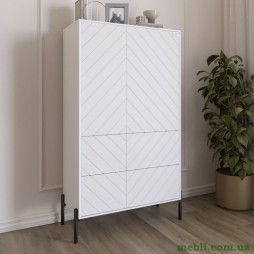 Комод-пенал з рельєфним оздобленням фасаду та чорними металевими ніжками LION Амарант 84x40x150 Німфея Альба (білий)/Білий