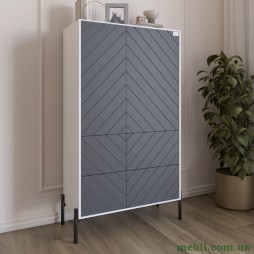 Комод-пенал з рельєфним оздобленням фасаду та чорними металевими ніжками LION Амарант 84x40x150 Німфея Альба (білий)/Графітовий