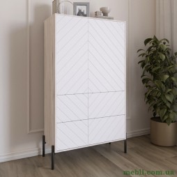 Комод-пенал з рельєфним оздобленням фасаду та чорними металевими ніжками LION Амарант 84x40x150 Самоа Димчастий/Білий