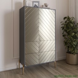 Комод-пенал з рельєфним оздобленням фасаду та золотими металевими ніжками LION Амарант 84x40x150 Антрацит/Перламутровий металік