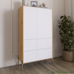 Комод-пенал з рельєфним оздобленням фасаду та золотими металевими ніжками LION Амарант 84x40x150 Дуб Артизан/Білий