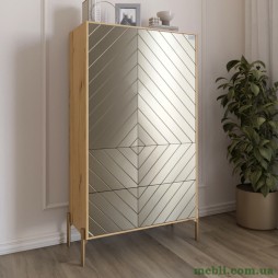 Комод-пенал з рельєфним оздобленням фасаду та золотими металевими ніжками LION Амарант 84x40x150 Дуб Артизан/Перламутровий металік