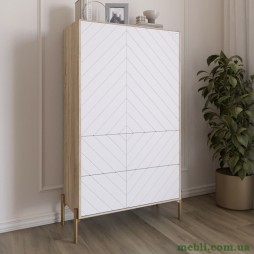 Комод-пенал з рельєфним оздобленням фасаду та золотими металевими ніжками LION Амарант 84x40x150 Дуб сонома/Білий