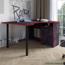 Геймерський комп'ютерний стіл LION Буст кутовий з шухлядами Бетон темний/Червоний