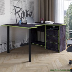 Геймерський комп'ютерний стіл LION Буст кутовий з шухлядами Бетон темний/Зелений