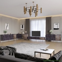 Комплект модульний для вітальні LION Грей 4 елементи з золотими металевими ніжками Бетон темний/Дерево