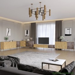 Комплект модульний для вітальні LION Грей 4 елементи з золотими металевими ніжками Дуб Артизан/Дерево